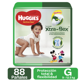Pañales Huggies Active Sec Talla G, 88uds