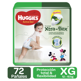 Pañales Huggies Active Sec Talla XG, 72uds